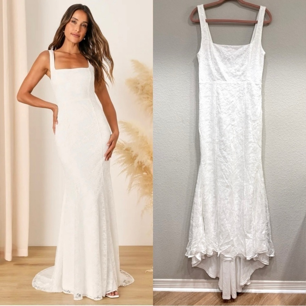 Lulu's White Square Neck Lace Bridal Gown